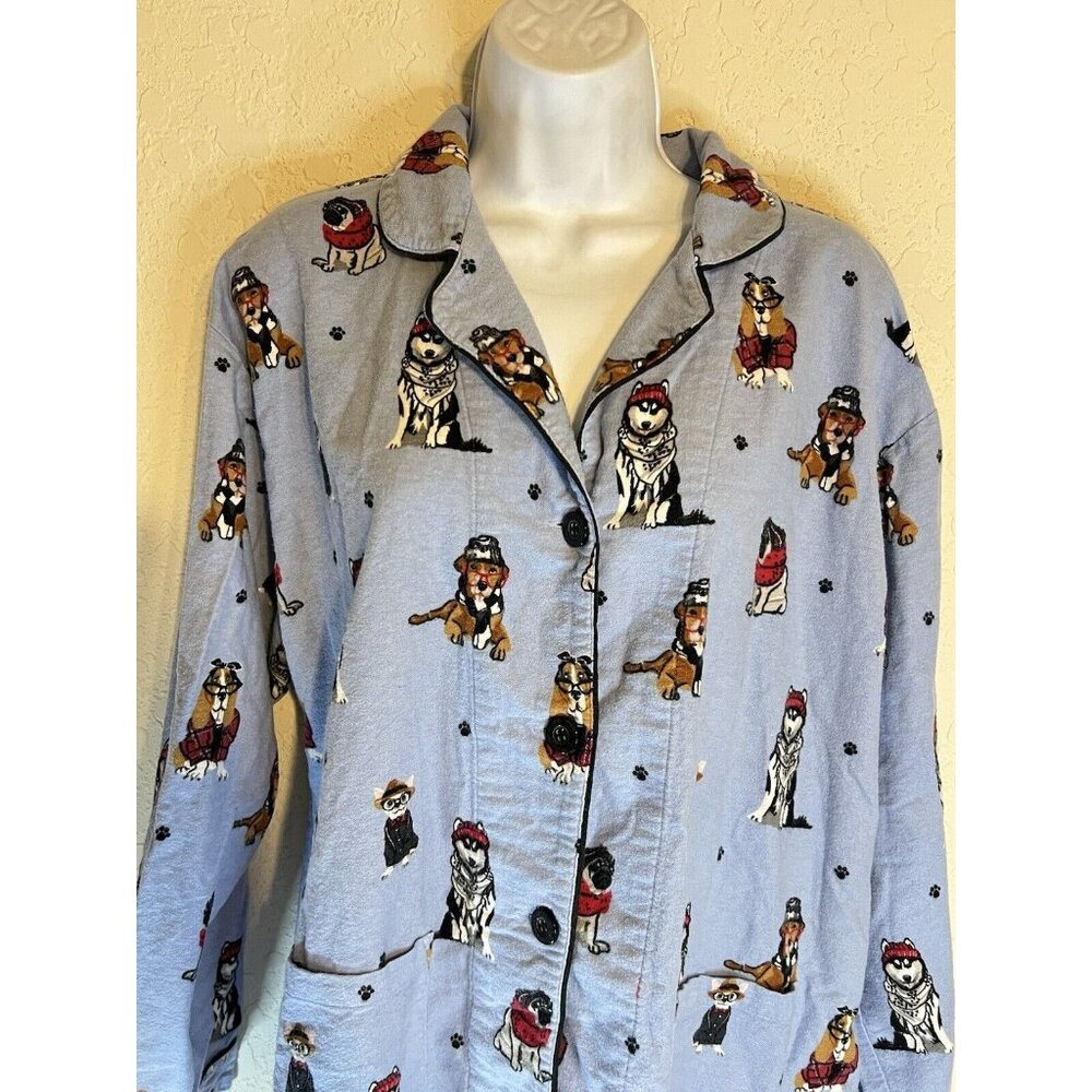 PJ Salvage Pajama Top Women's L Dogs Eyeglasses Flannel Button Up Blue